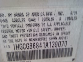 2001 ACCORD, WHITE, EX, 2.3L, VTEC, AT.  A24028